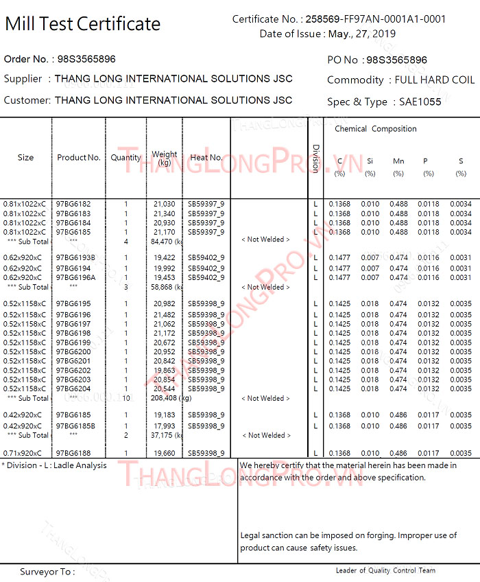Mill test Dây đai thép đen